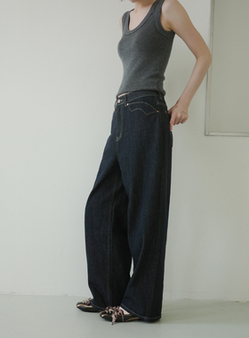 DKZ 深蓝色直筒牛仔裤女秋季新款复古显瘦长裤