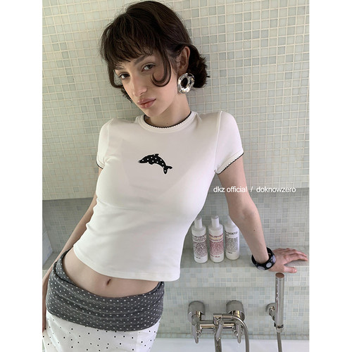 DKZ  白色波点短袖t恤女夏季新款修身花边海豚印花上衣
