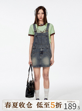 DKZ 宽松百搭显瘦工装牛仔背带短裙女学生蓝色复古无袖连衣裙子