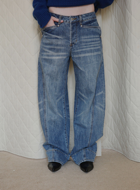 DKZ 蓝色宽松牛仔裤女秋季新款复古水洗做旧阔腿长裤