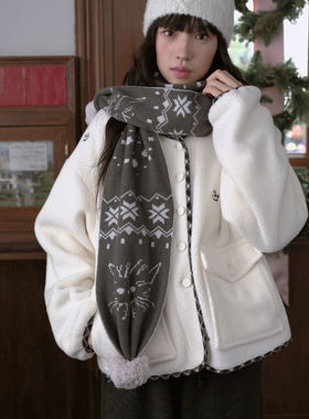 DKZ “雪花小猫”灰色圣诞氛围感针织毛球围巾