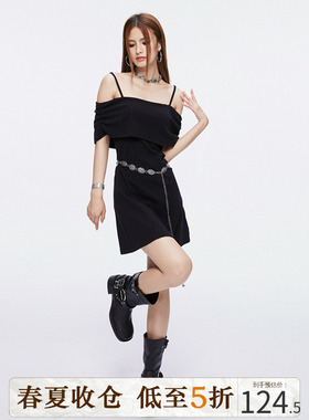 DKZ 高级感显身材挂脖可拆卸一字领露肩黑色吊带连衣短裙子女