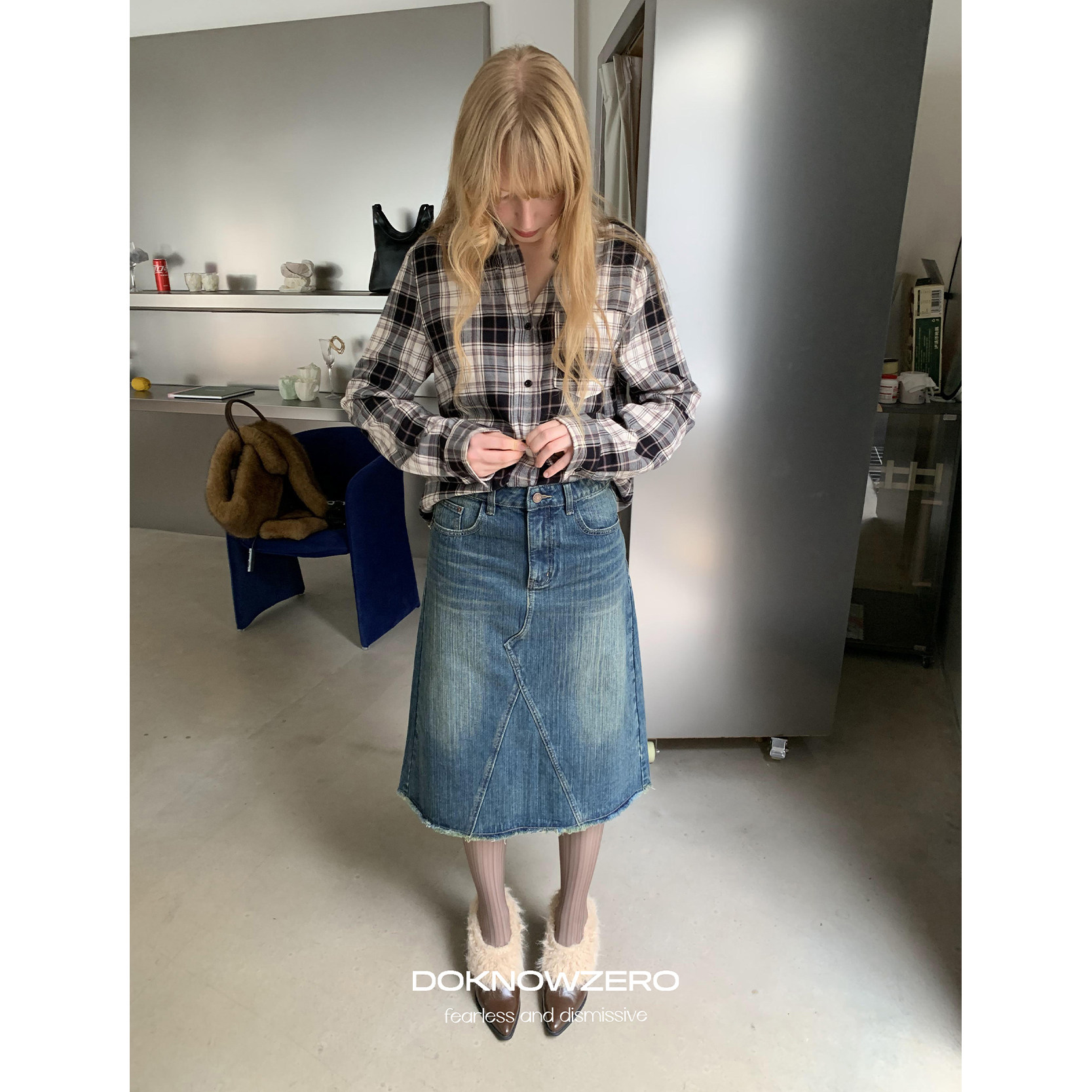 DKZ 牛仔半身裙女秋冬新款复古水洗a字中长裙子
