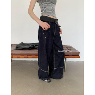 DKZ 深蓝色钉珠牛仔裤女夏季新款宽松复古宽松阔腿长裤