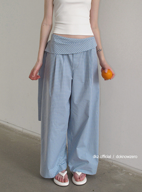 【明星同款】DKZ 蓝色格纹休闲裤女春秋宽松复古绑带阔腿长裤