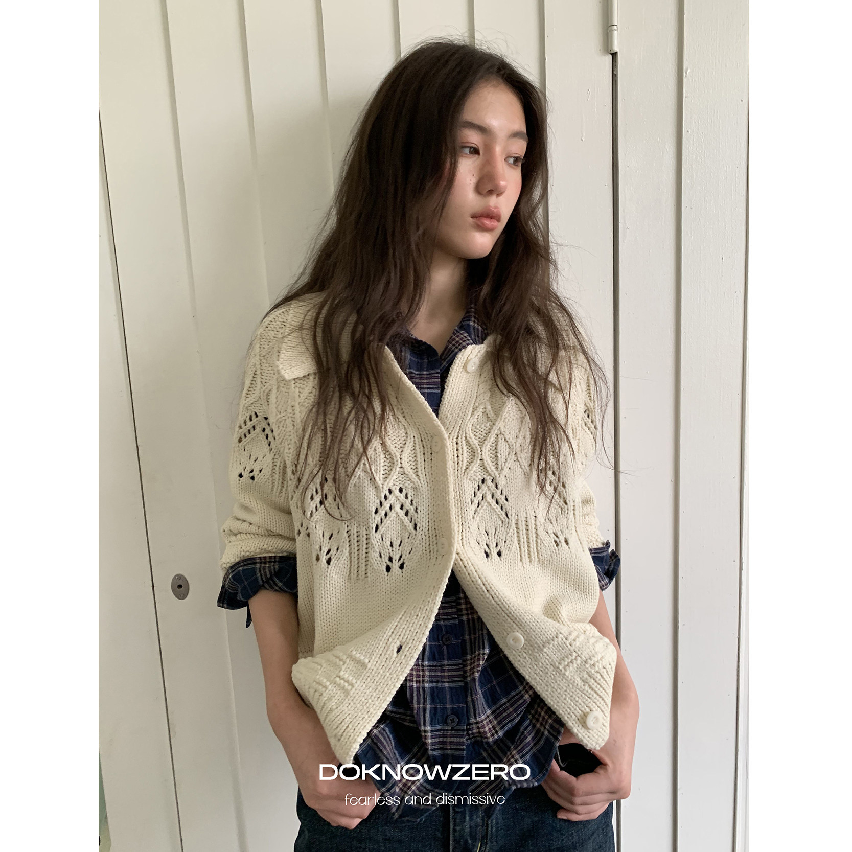 DKZ 粗针复古翻领针织开衫外套女秋季新款提花镂空针织上衣