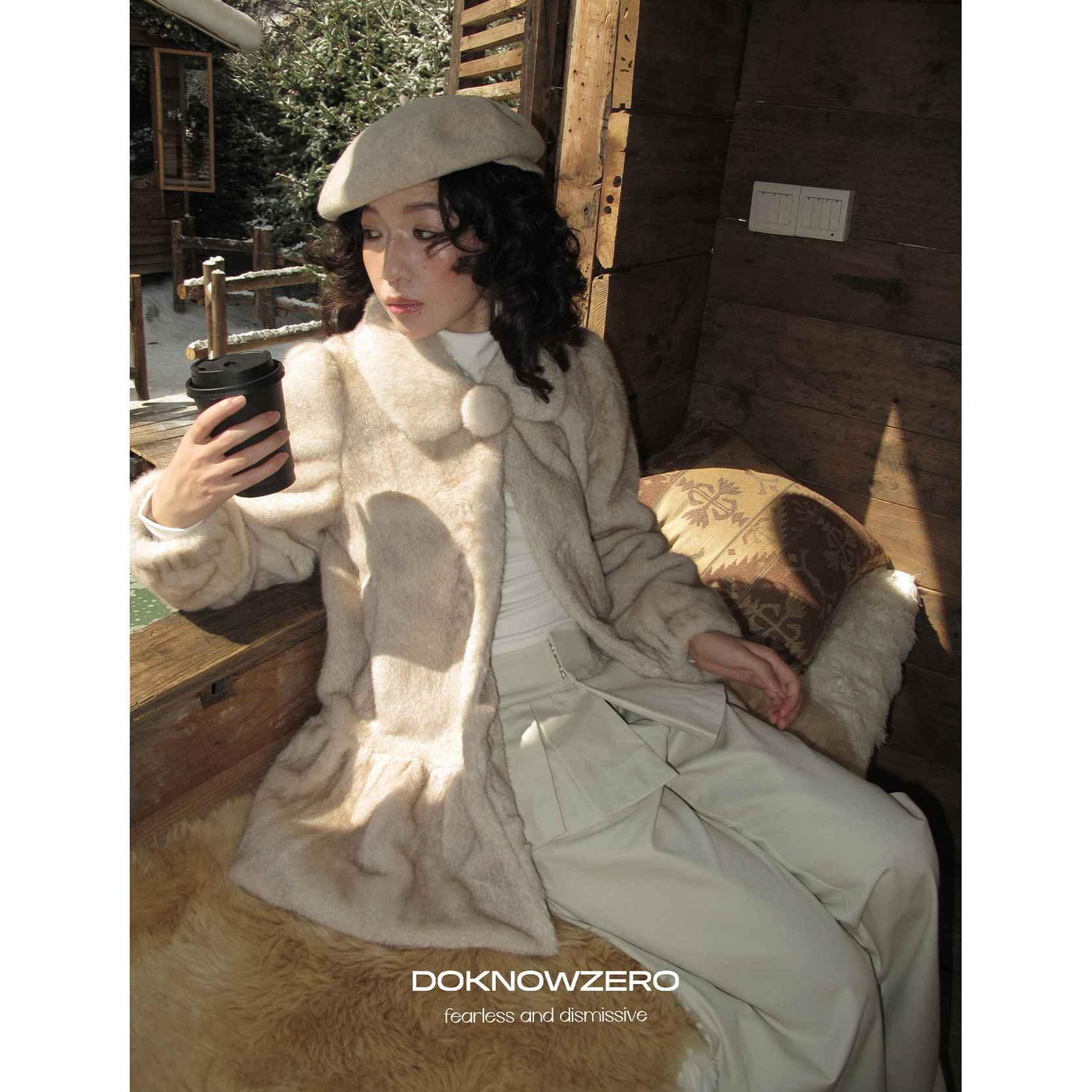 DKZ 宫廷风娃娃领环保皮草外套女冬季新款宽松上衣