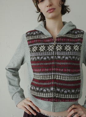 DKZ 灰色卫衣开衫女宽松随机费尔岛毛织印接外套