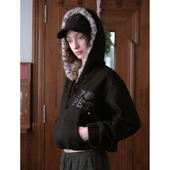 印花上衣 黑色豹纹毛毛连帽加绒卫衣女秋冬新款 现货 DKZ