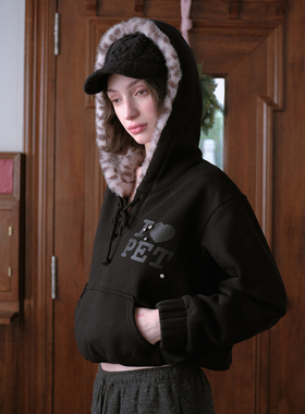 DKZ 黑色豹纹毛毛连帽加绒卫衣女秋冬新款印花上衣
