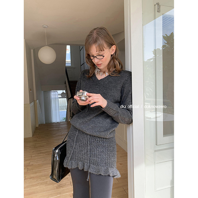 DKZ 氛围感V领毛衣女秋冬新款宽松慵懒针织叠搭半裙两件套