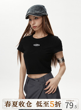 DKZ潮牌黑色短款露腰短袖t恤女甜辣小上衣设计感后背金属扣带