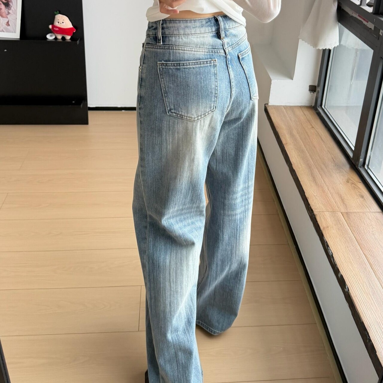 小个子美式弯刀竹节纹阔腿牛仔裤女新款浅色高腰显瘦直筒拖地裤子