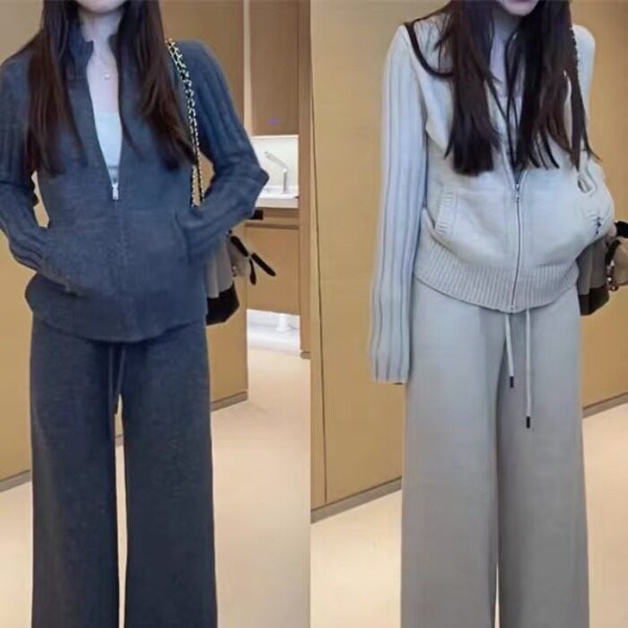 韩系休闲风运动套装女2026新款秋季爆款拉链立领上衣小众微喇裤潮