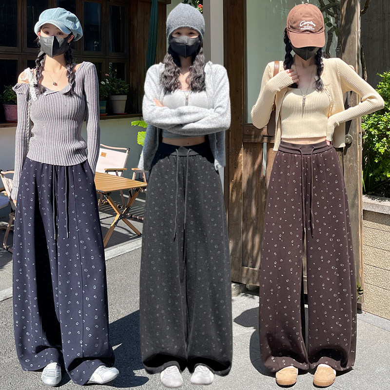 可爱印花直筒糯米羊绒休闲裤女冬季新款韩版宽松阔腿裤拖地弯刀裤
