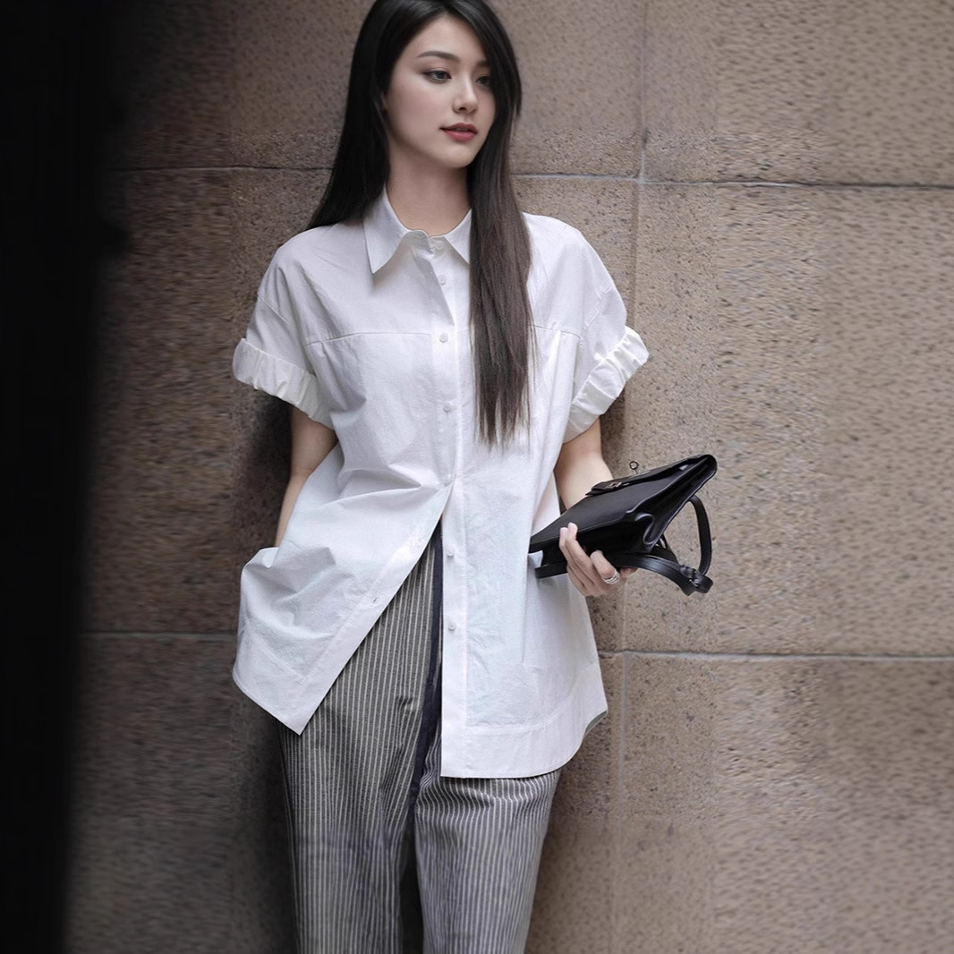 浅蓝色衬衫女短袖2025夏秋季新款设计感小众中长款纯棉上衣