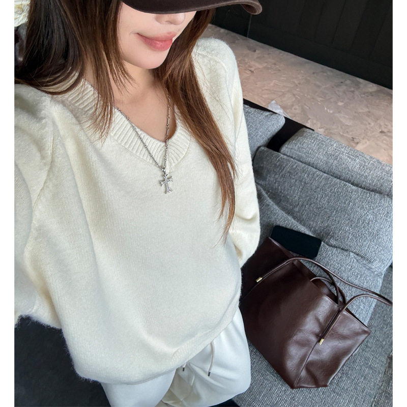 韩版女装秋冬加厚V领宽松套头毛衣大板慵懒风基础款百搭针织上衣