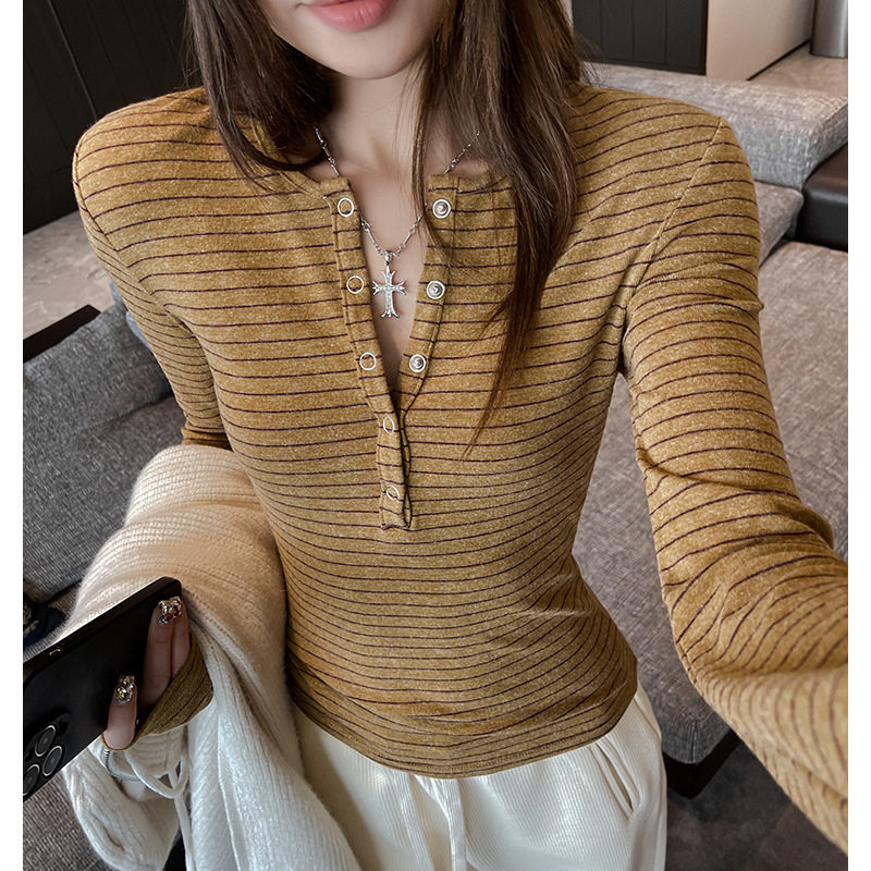严选半开领条纹修身长袖T恤女早秋新款韩系显瘦设计感打底上衣