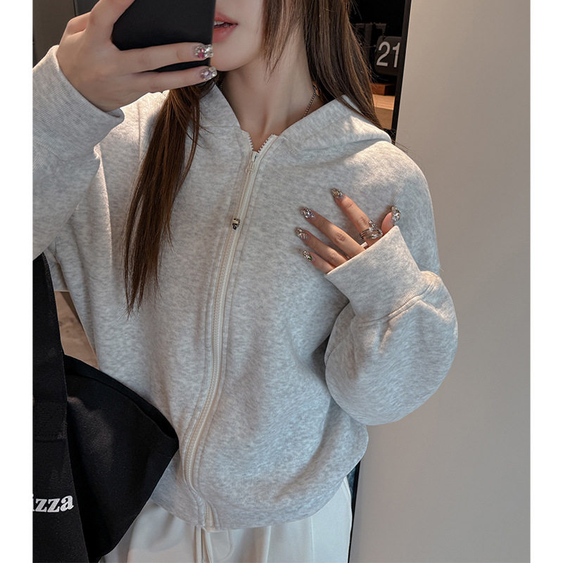 W韩系秋冬复古卫衣外套女新款基础百搭连帽长袖加厚外穿保暖上衣