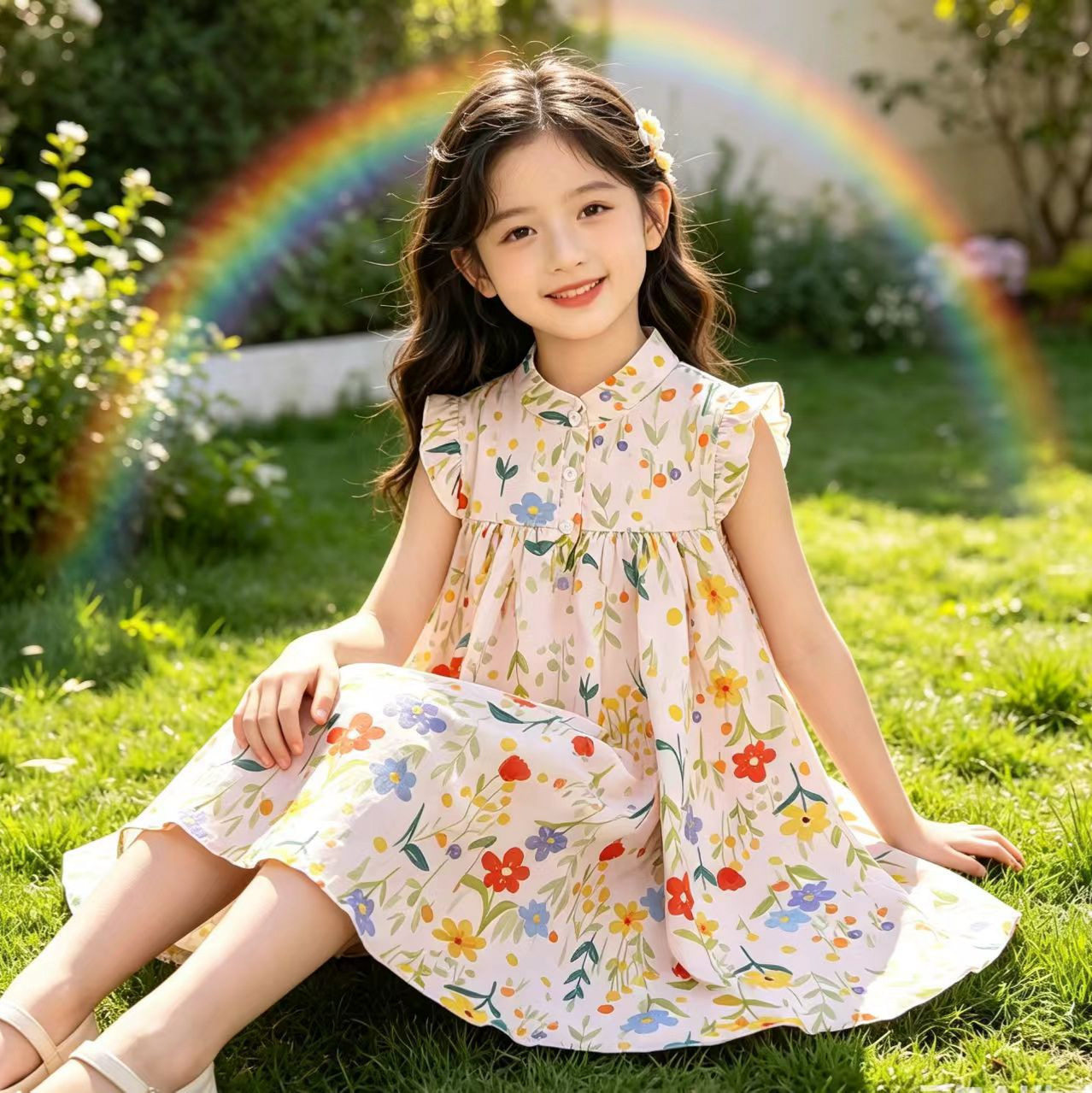 女童油画连衣裙夏装新款无袖裙子夏季儿童背心裙公主裙印花图片