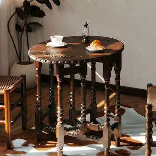 法式中复古实木折叠雕花蝴蝶桌子小户型椭圆形阳台咖啡店茶几餐台