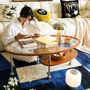 中复古风包豪斯实木玻璃茶几椭圆形双层轻奢小户型家用客厅矮茶桌