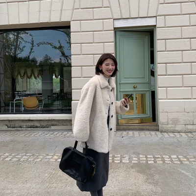 莓果设计毛颗粒中长款女皮毛一体外套羊毛外套(含100羊毛)586qy