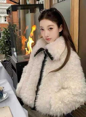莓果感环保毛拼pu皮翻领毛绒绒DoubleJ短外套6109