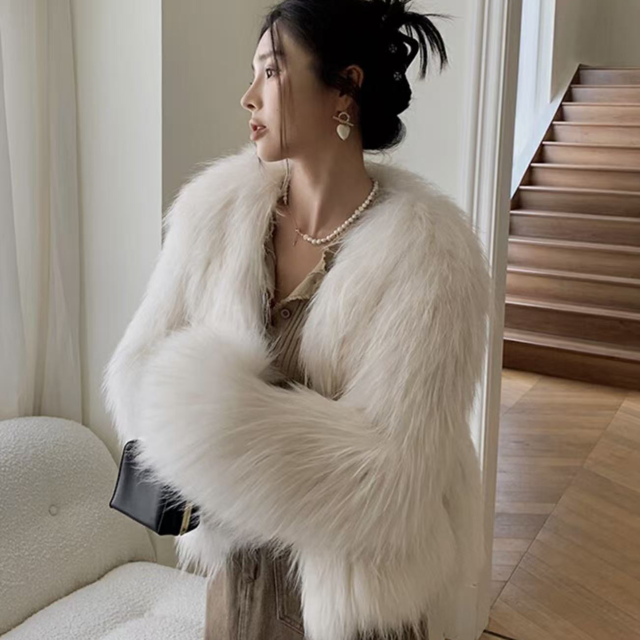 莓果款V领双面真貉子毛双面编织前长后短保暖皮草外套YS2-n2882