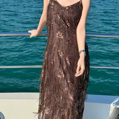 莓果26早春重磅欧货定制亮片钉珠法式高级感咖色连衣裙40750