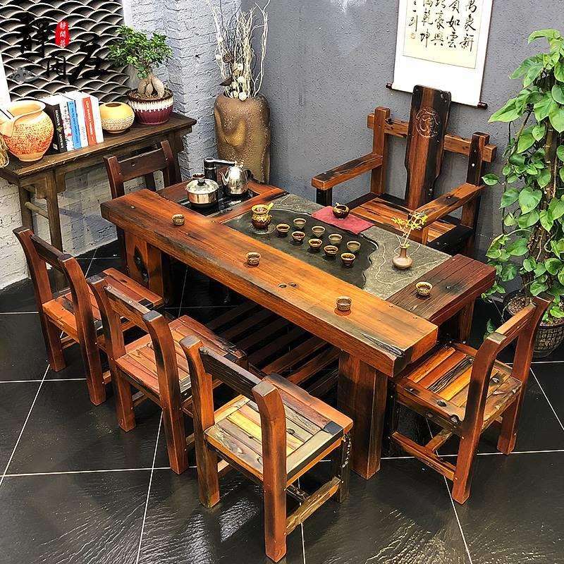 老船木功夫泡茶桌椅组合新中式仿古客厅茶台办公室茶几实木茶艺桌