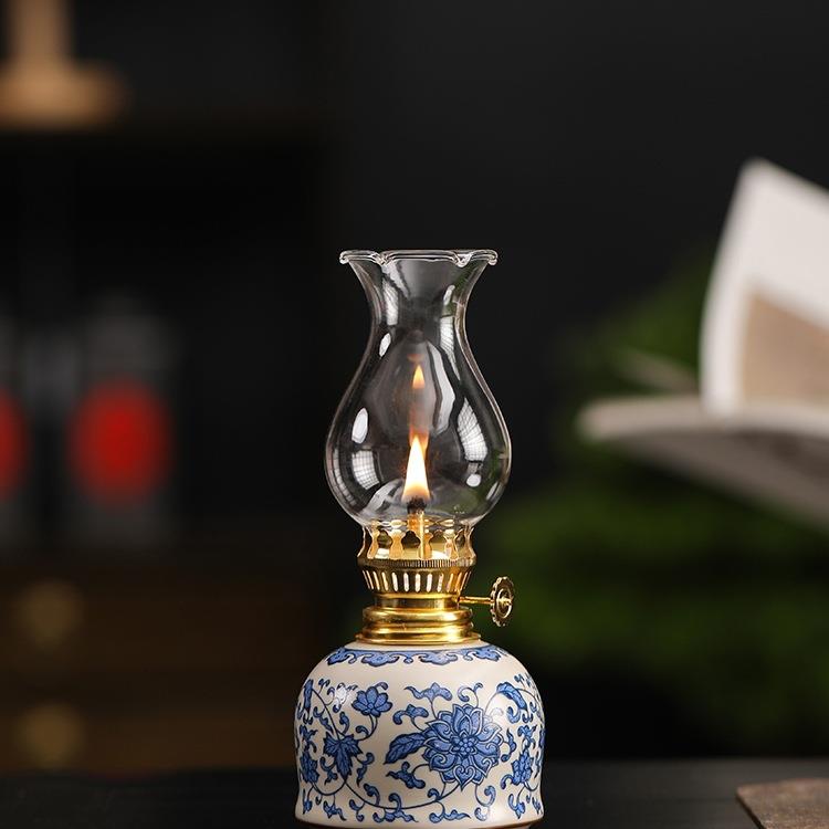 青花汝窑陶瓷酥油灯卧室小夜灯新中式摆件佛灯花卉复古煤油灯灯盏