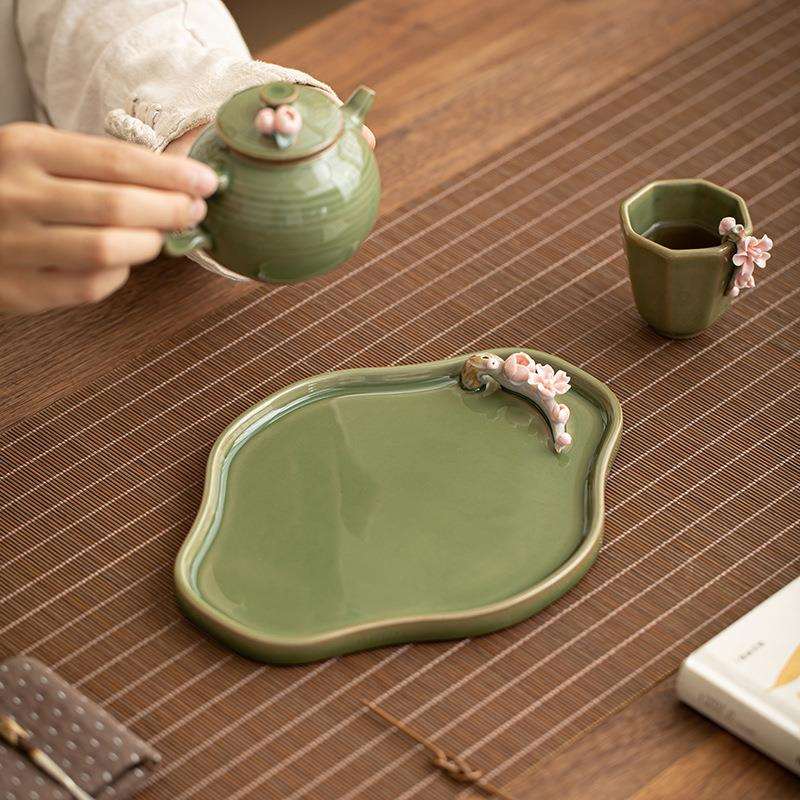 竹青釉手工捏花海棠托盘家用简约迷你干泡盘中式茶具茶台陶瓷茶盘