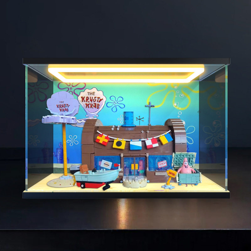 高清防尘罩适用AREAX砖区海绵宝宝蟹堡王餐厅积木回型灯展示盒