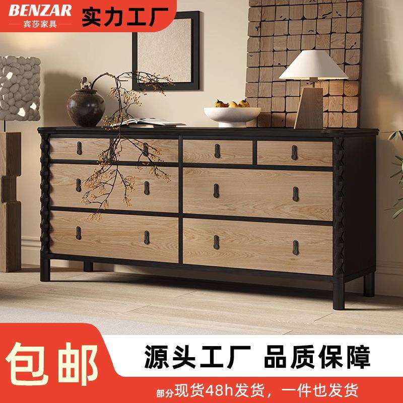 法式复古实木餐边柜美式中古别墅玄关柜卧室实木电视柜收纳储物柜