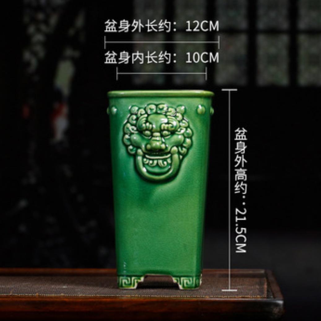 紫砂花盆陶瓷盆景盆正方签筒四方鼓丁兰花盆兽面高盆签筒觅陶乡