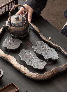 中式荷叶茶盘家用客厅小型陶瓷复古茶几干泡台储水排水式泡茶托盘