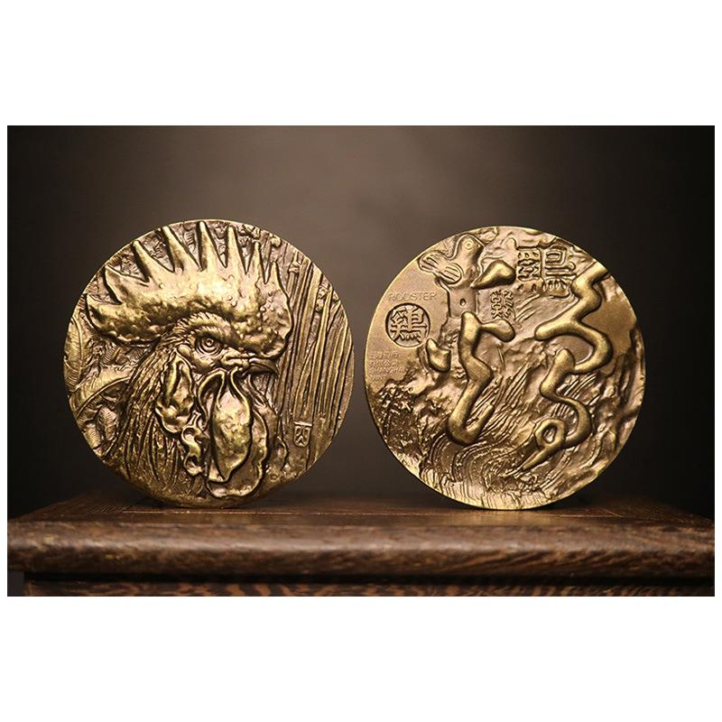 上海造币厂十二生肖纪念章罗永辉高浮雕工艺60mm鸡年大铜章