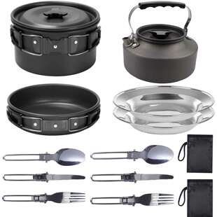 严选热卖户外用品便携2人套锅茶壶折叠野营炊具露营野餐锅具组合