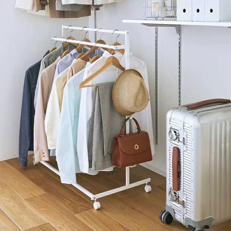 新款落地带滑轮可移动衣架简约双杆式阳台晾晒架卧室挂衣架