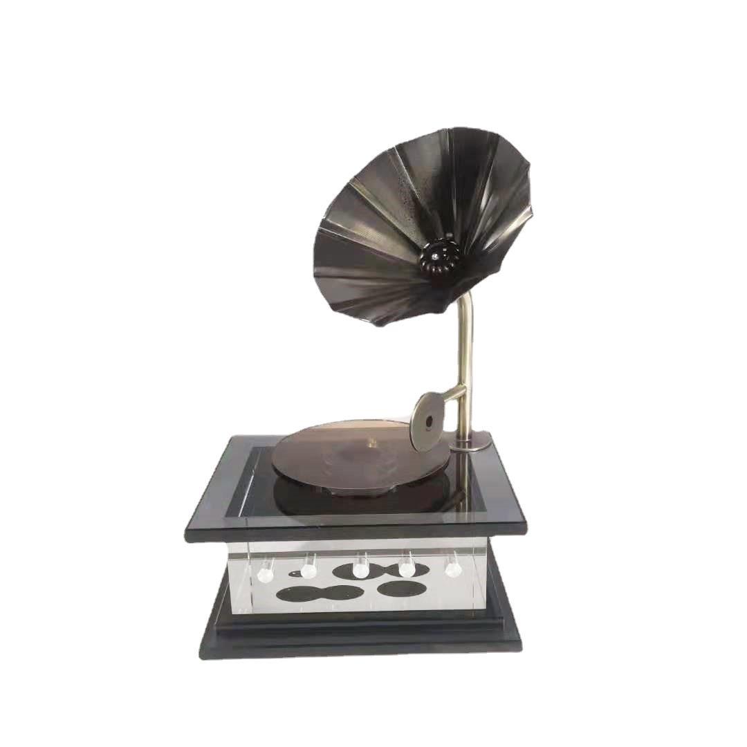 简约现代黑色弧形留声机水晶玻璃摆件样板间客厅玄关桌面装饰品