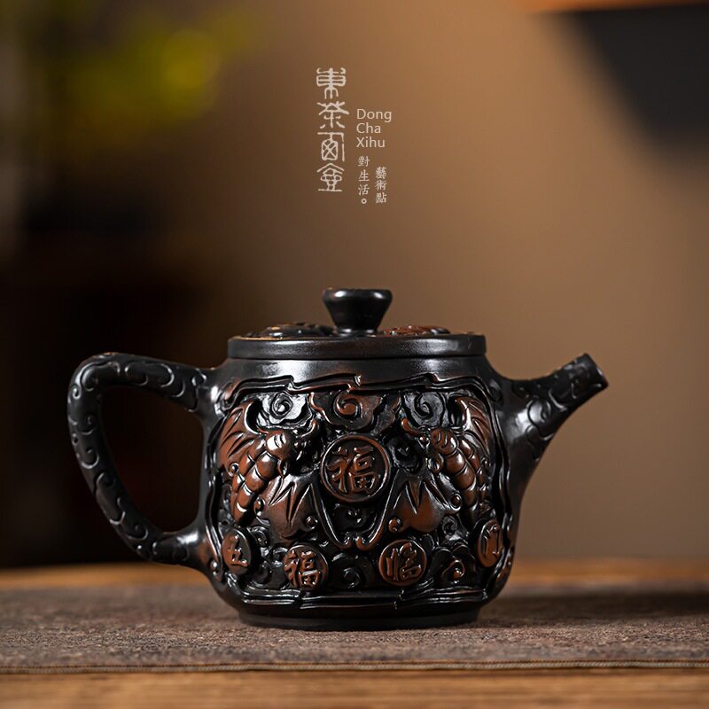 云南原矿紫陶茶壶全手工满雕五福临门石瓢壶泡茶工具家用茶具