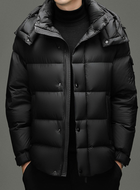 花花公子商务短款羽绒服男连帽加厚保暖黑色面包服外套舒适耐穿