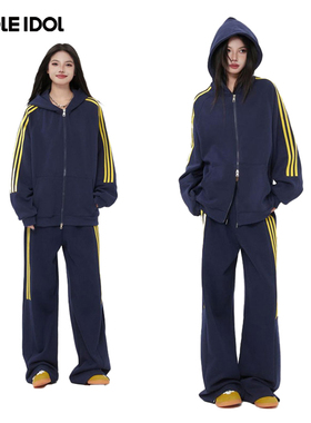 Idle Idol美式条纹撞色运动套装男女同款春秋季连帽开衫情侣外套