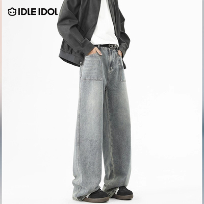 秋季美式复古宽松痞帅直筒牛仔裤