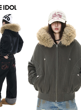 Idle Idol秋冬季美式夹克外套夹棉帆布水洗男女厚毛领情侣派克服