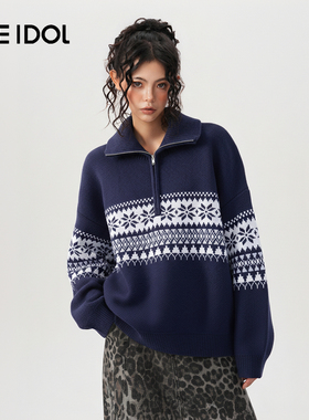 Idle Idol美式半拉链高级感红色毛衣女秋冬季圣诞针织衫情侣外套