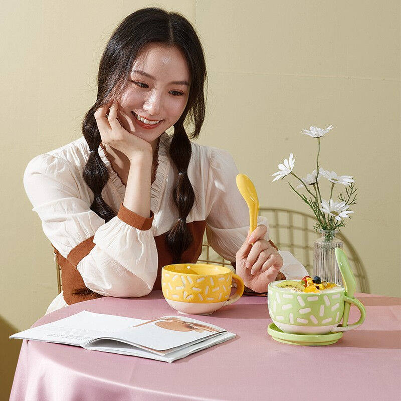 inmindhouse大肚牛奶早餐杯盘套装燕麦杯大容量日式马克杯带盖勺