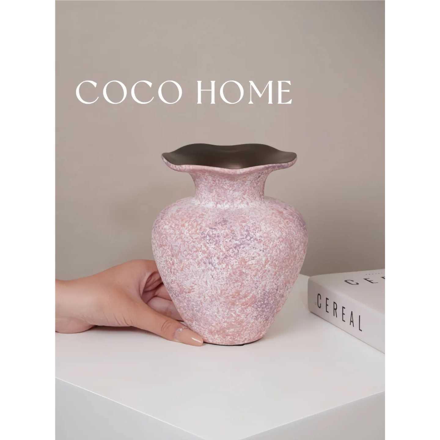 COCO 法式高级轻奢复古做旧粉色陶瓷花瓶中古优雅桌面水培花瓶