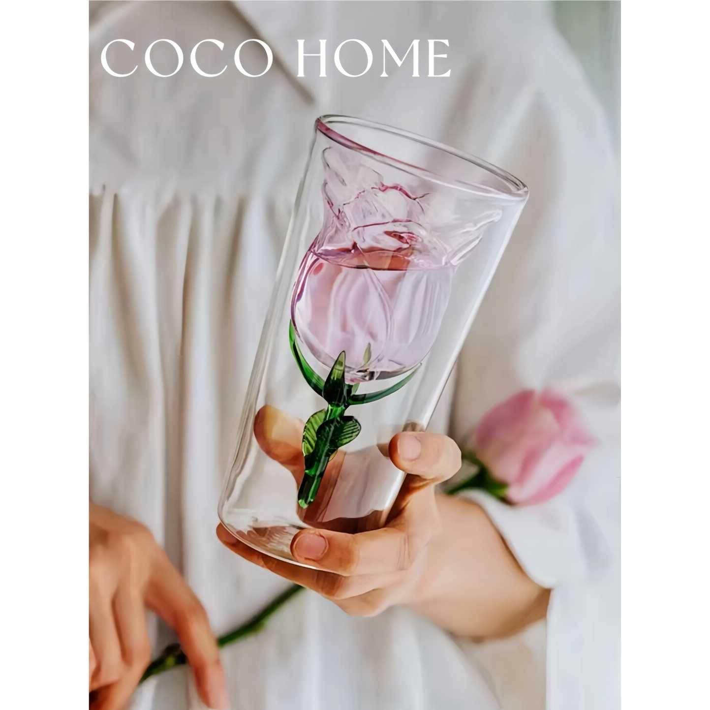 COCO 创意玻璃双层杯耐高温玻璃玫瑰花内胆咖啡杯高颜值小众水杯